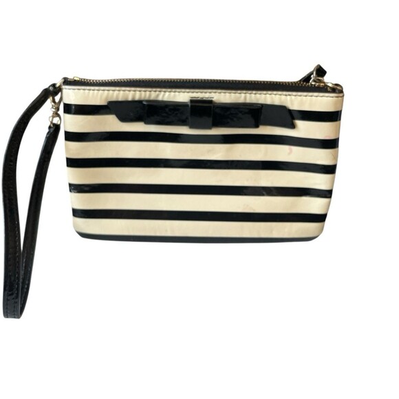 Kate Spade Lolly Chelsea Park Patent Leather Stripe Black Cream Wristlet READ - Picture 1 of 6